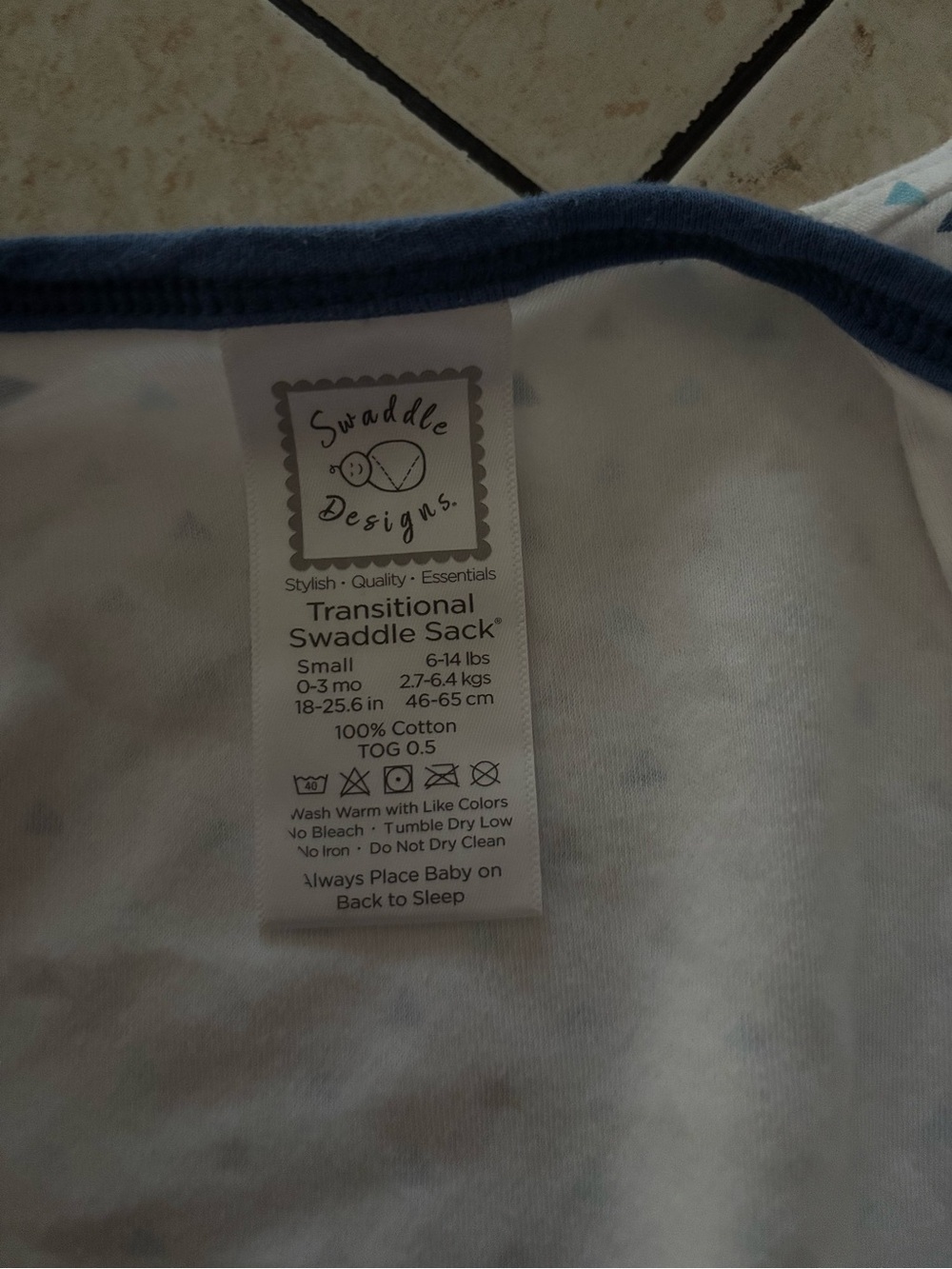 Swaddle Designs transitional sleep sack with blue trim and triangle print - Picture 2 of 3